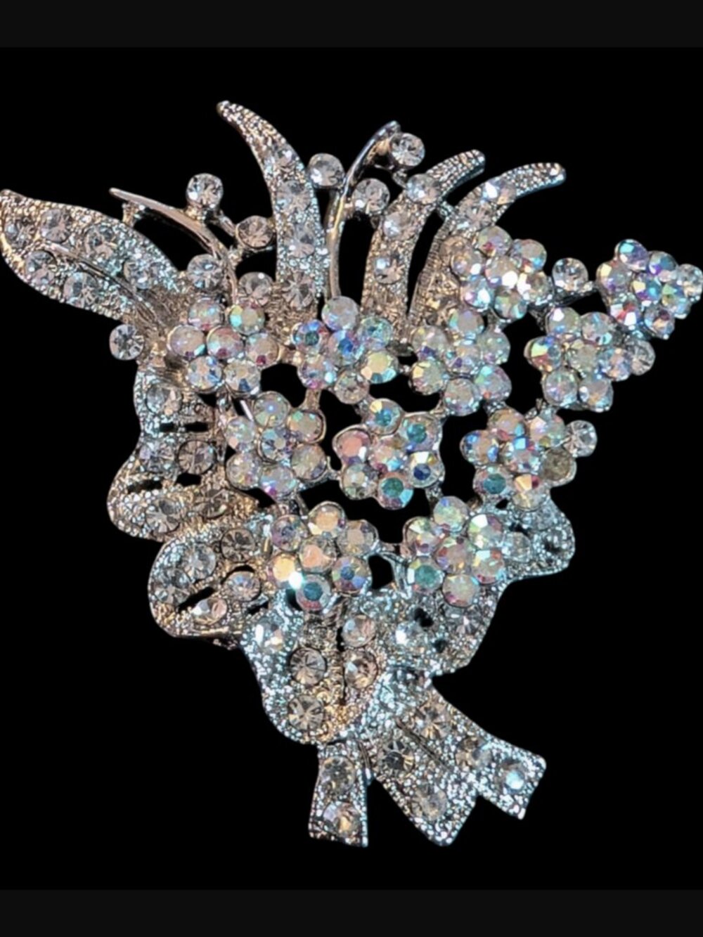 Vintage Aurora Borealis Rhinestone Silver Tone Bouquet Of Flowers 2.2" Brooch